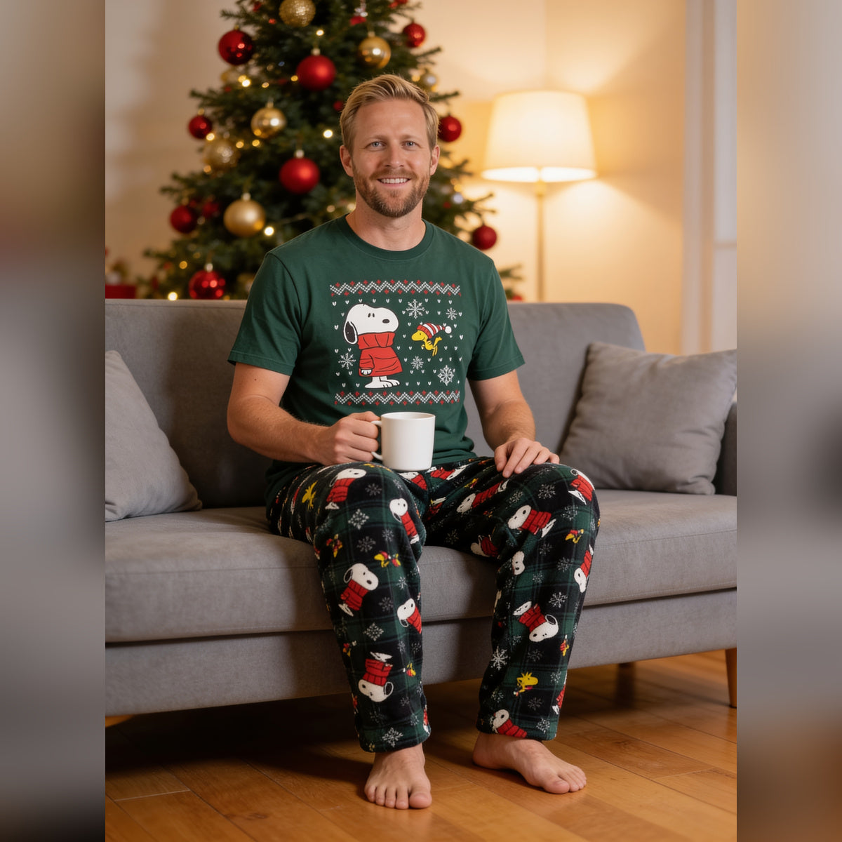 Peanuts & Woodstock Fair Isle Adult Unisex Pajama Loungewear Green Sleep Set 