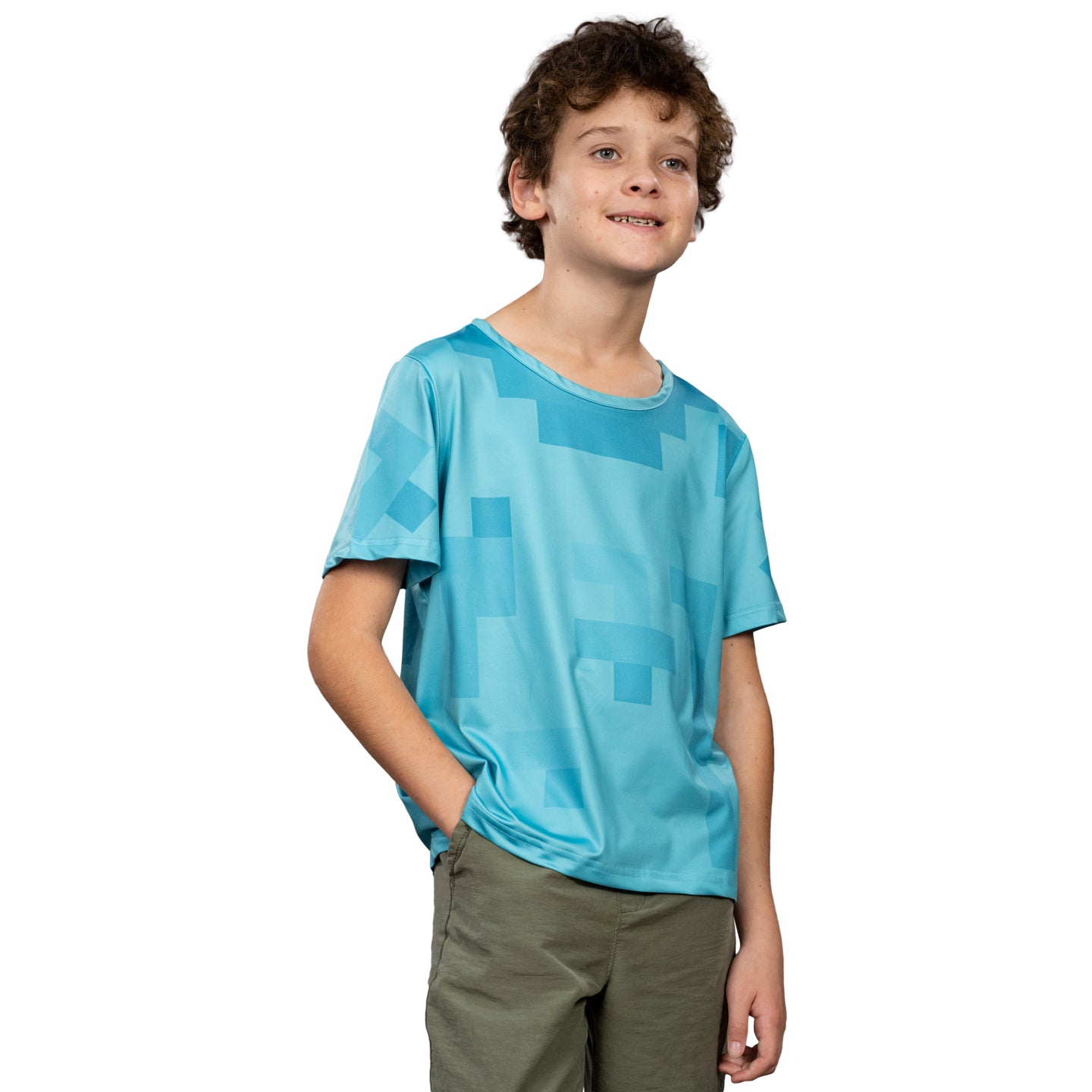 Pixelated Blocks Youth Halloween Costume T-Shirt Big Pixel Style Cosplay Top for Kids Blue or Green