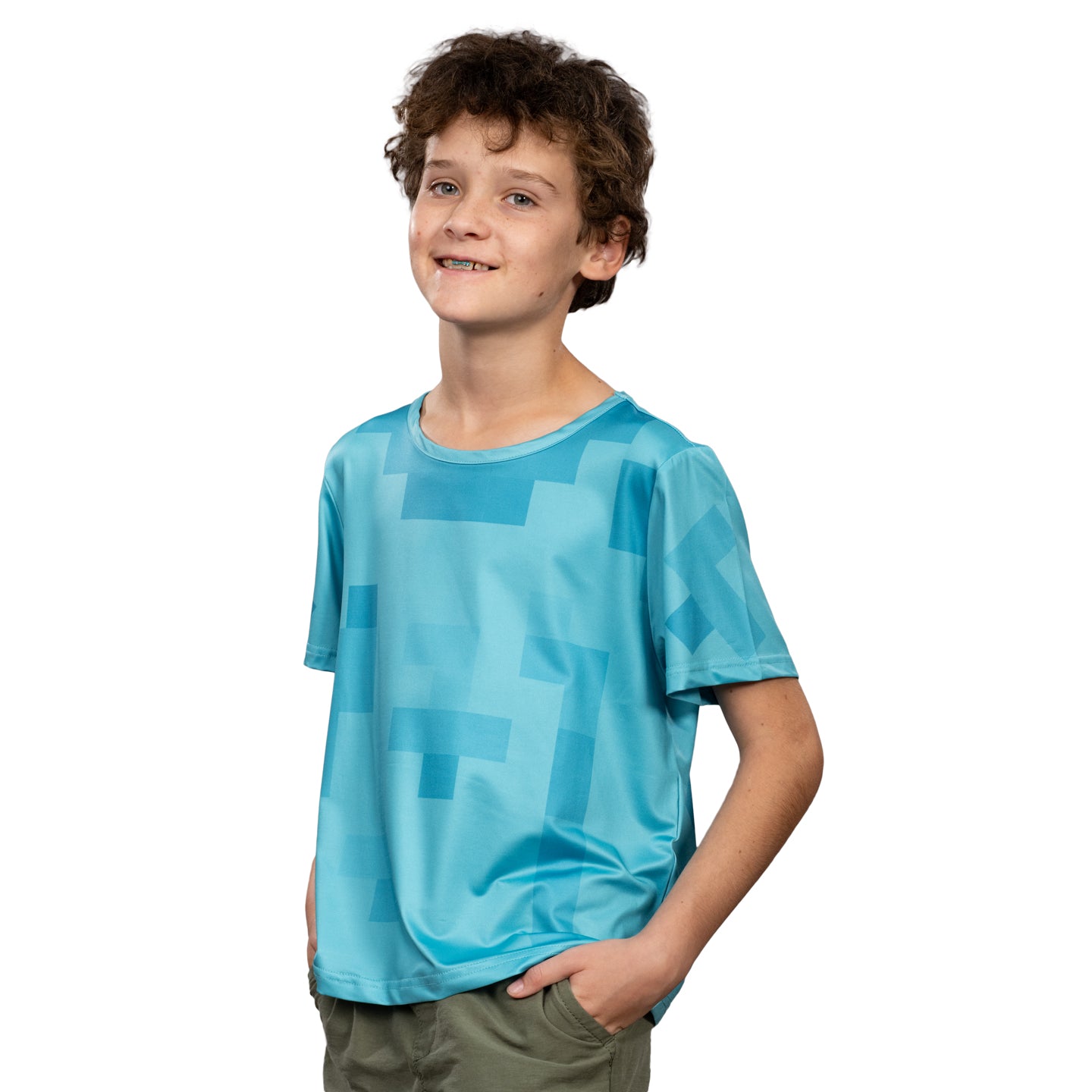 Pixelated Blocks Youth Halloween Costume T-Shirt Big Pixel Style Cosplay Top for Kids Blue or Green
