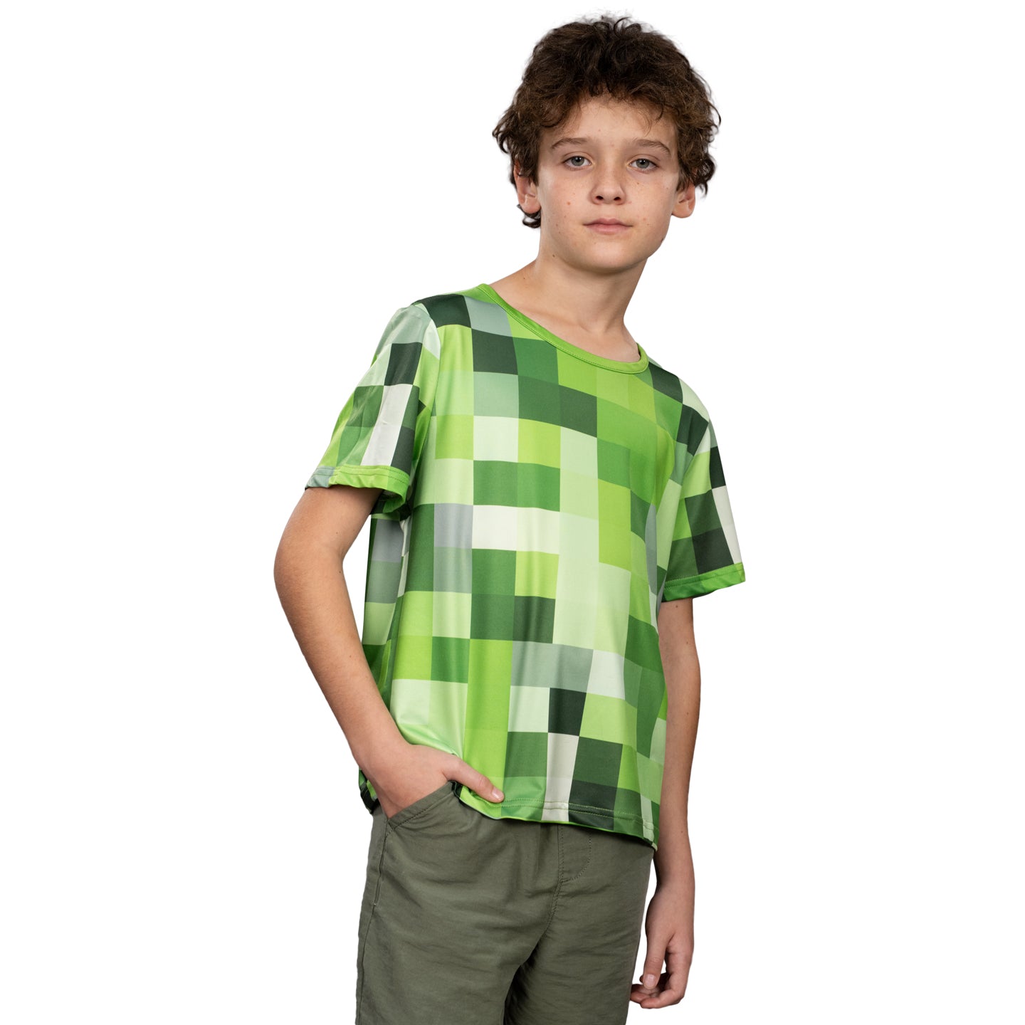 Pixelated Blocks Youth Halloween Costume T-Shirt Big Pixel Style Cosplay Top for Kids Blue or Green
