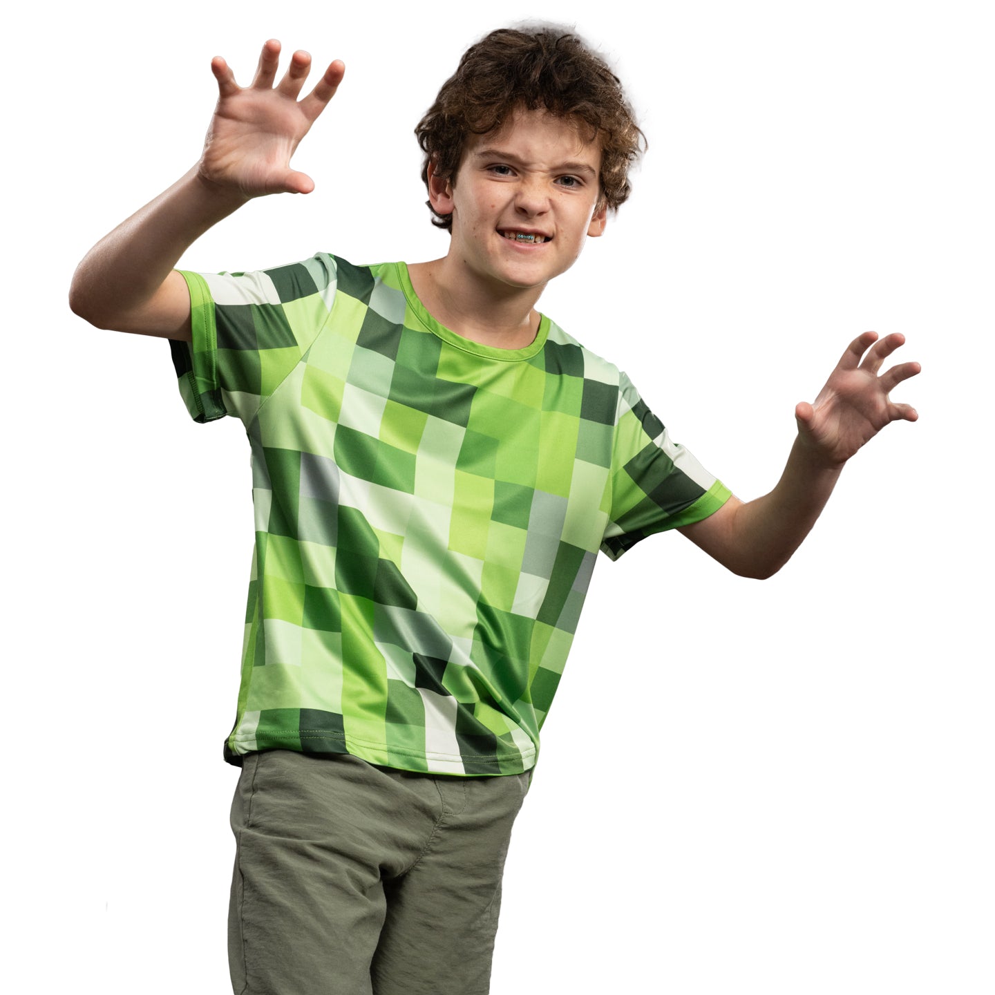 Pixelated Blocks Youth Halloween Costume T-Shirt Big Pixel Style Cosplay Top for Kids Blue or Green