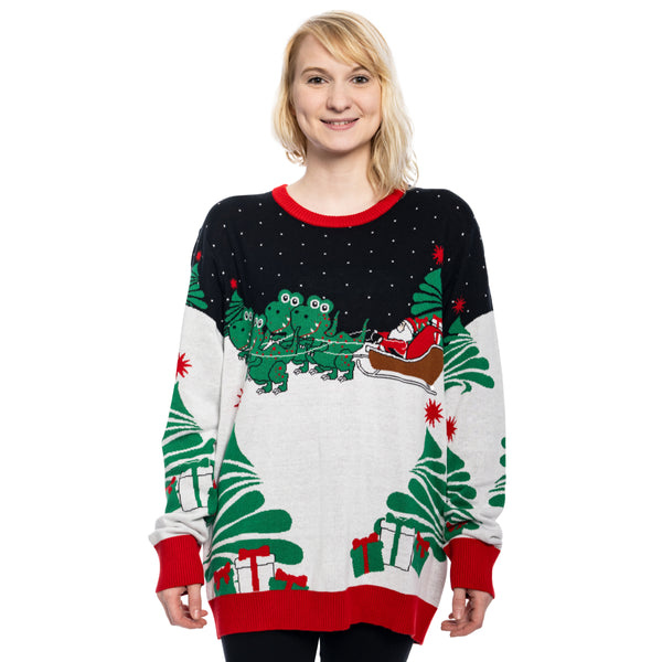 Santa on Sleigh T-Rex Christmas Sweater