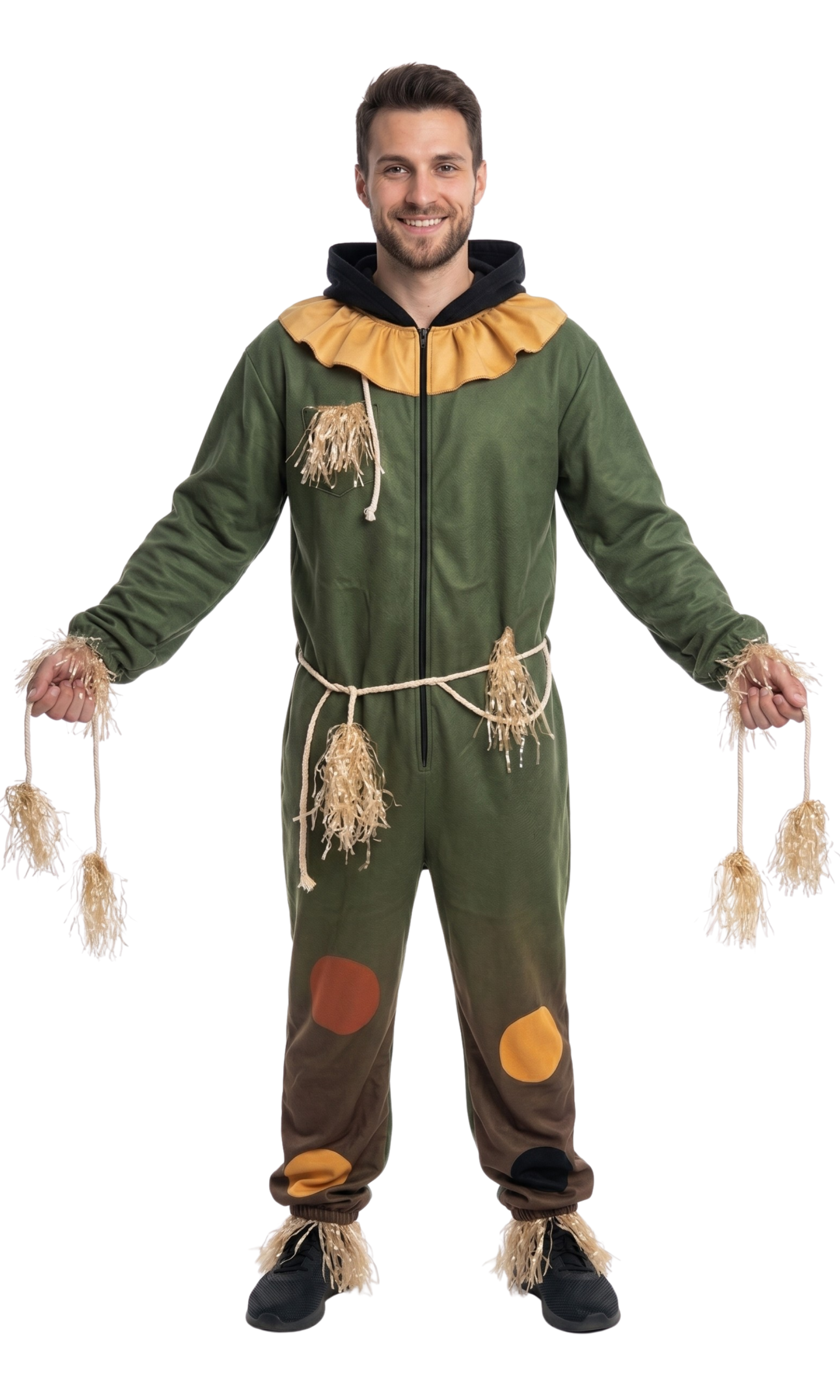 A man modeling a green scarecrow costume jumpsuit with straw accents, a tan ruffled collar, and brown patches on the legs, photographed against a plain white background.