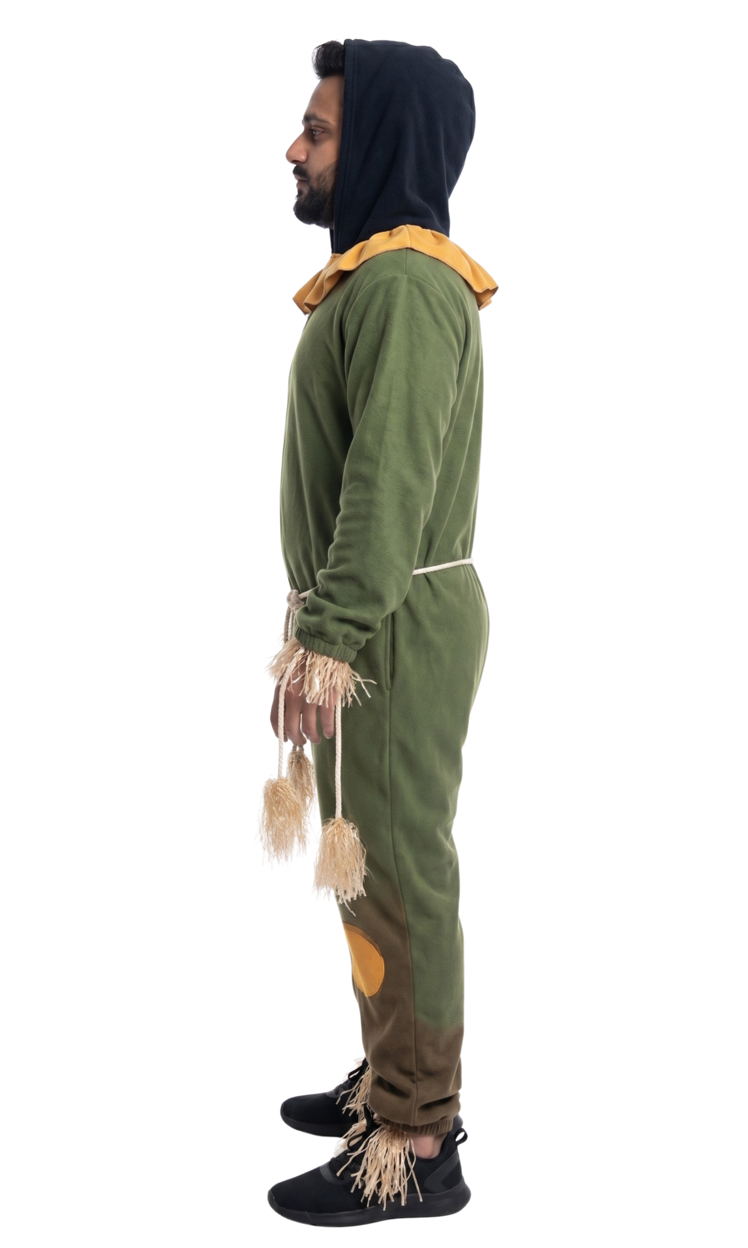 A man shown in profile wearing a green hooded one-piece costume with tan faux-fur trim, a yellow collar detail, and brown lower-leg patches, photographed against a plain white background.