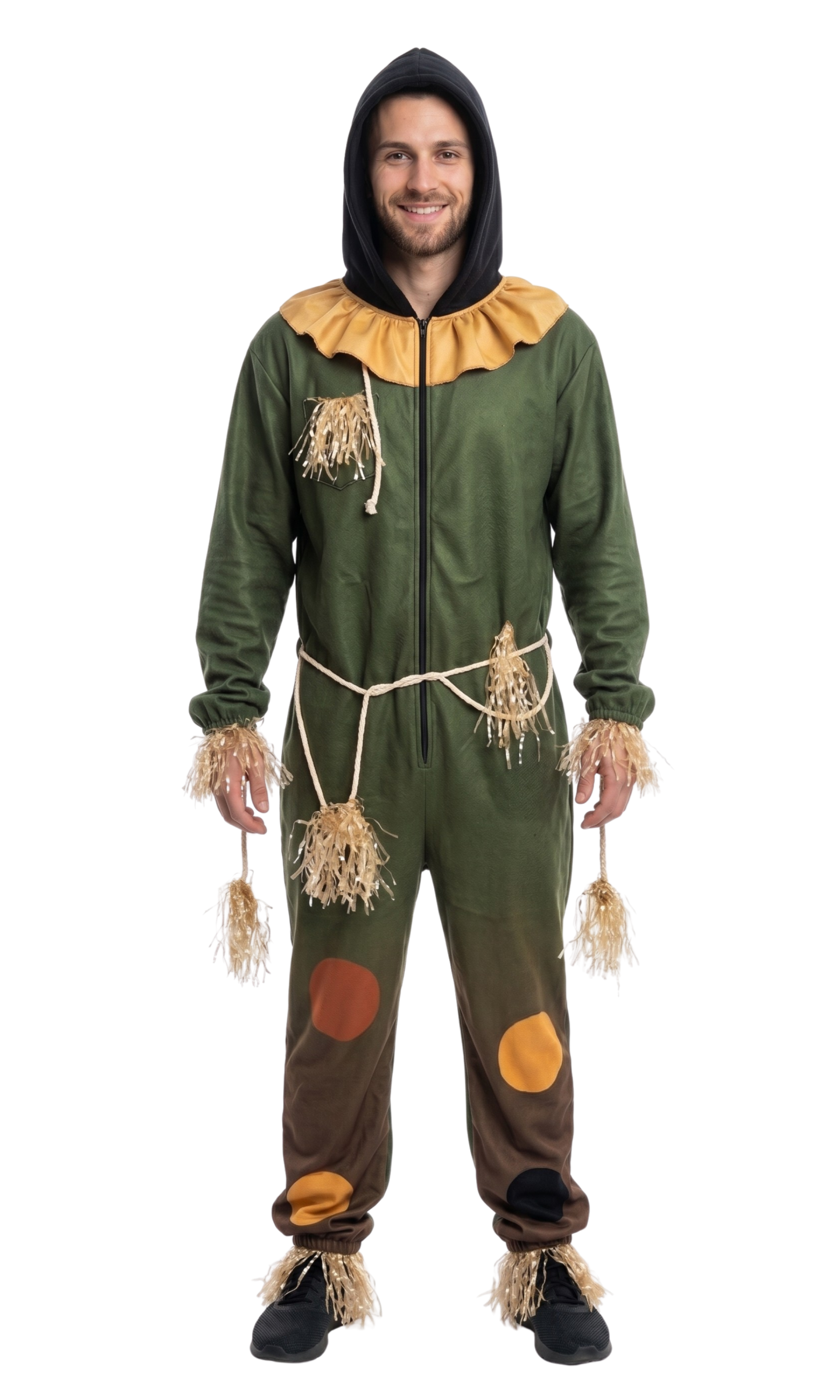 A man modeling a full-body replica Wizard of Oz scarecrow Halloween costume against a plain white background. The costume is olive green with a tan ruffled collar, faux straw details, and brown patches with orange accents on the pants.