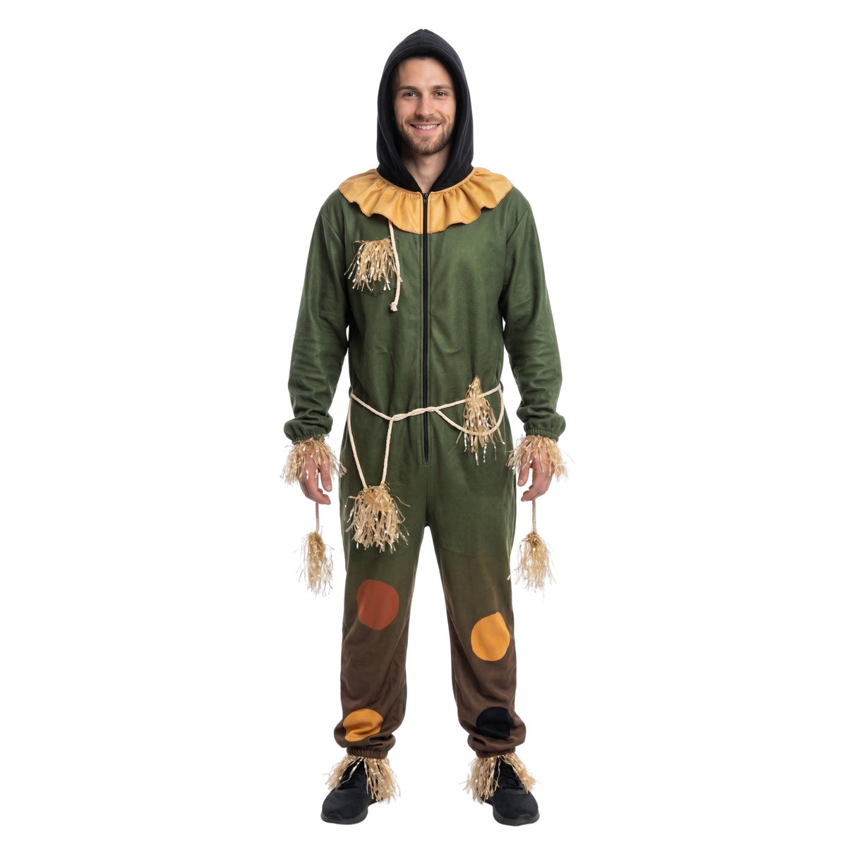 Scarecrow OZ costume jumpsuit, front view with hood up, straw cuffs and patched legs on white background