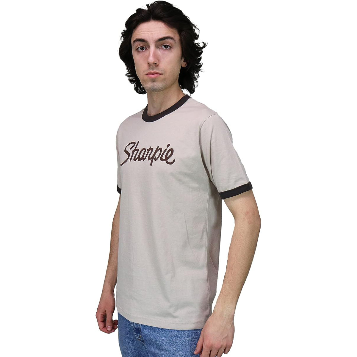 Scott Pilgrim Sharpie Ringer Shirt Heather Brown Pilgrim Rock Band Adult T-Shirt Side view