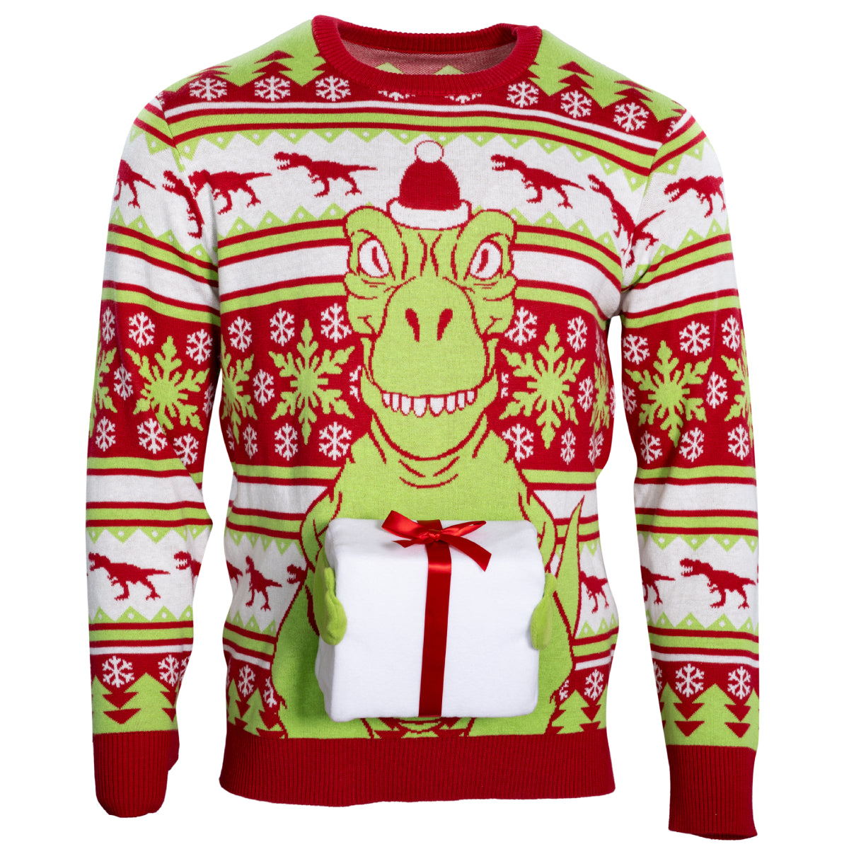 T-Rex Flappy Sweater with Santa Hat Ugly Christmas Sweater with 3D gift box