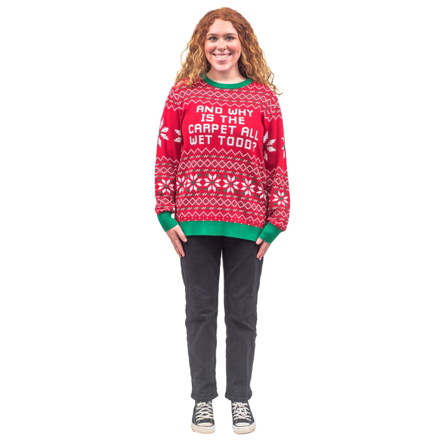 Todd and Margo Why is The Carpet Wet I Don’t Know Knitted Ugly Christmas Sweater