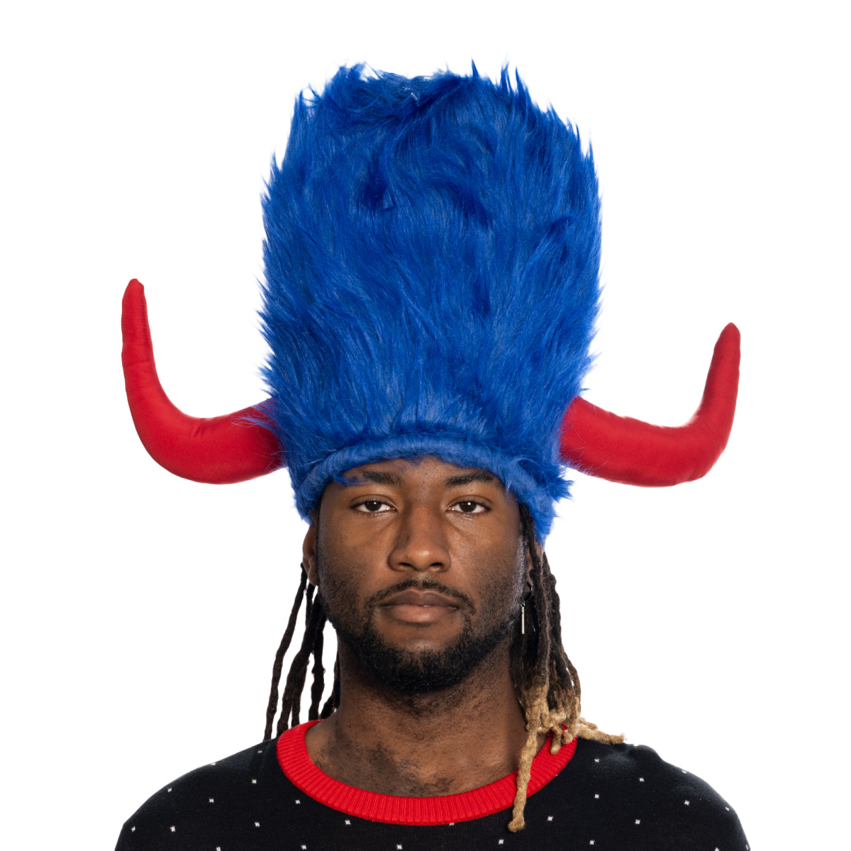 Blue and Red Buffalo Bills Viking Hat with Horns Front View