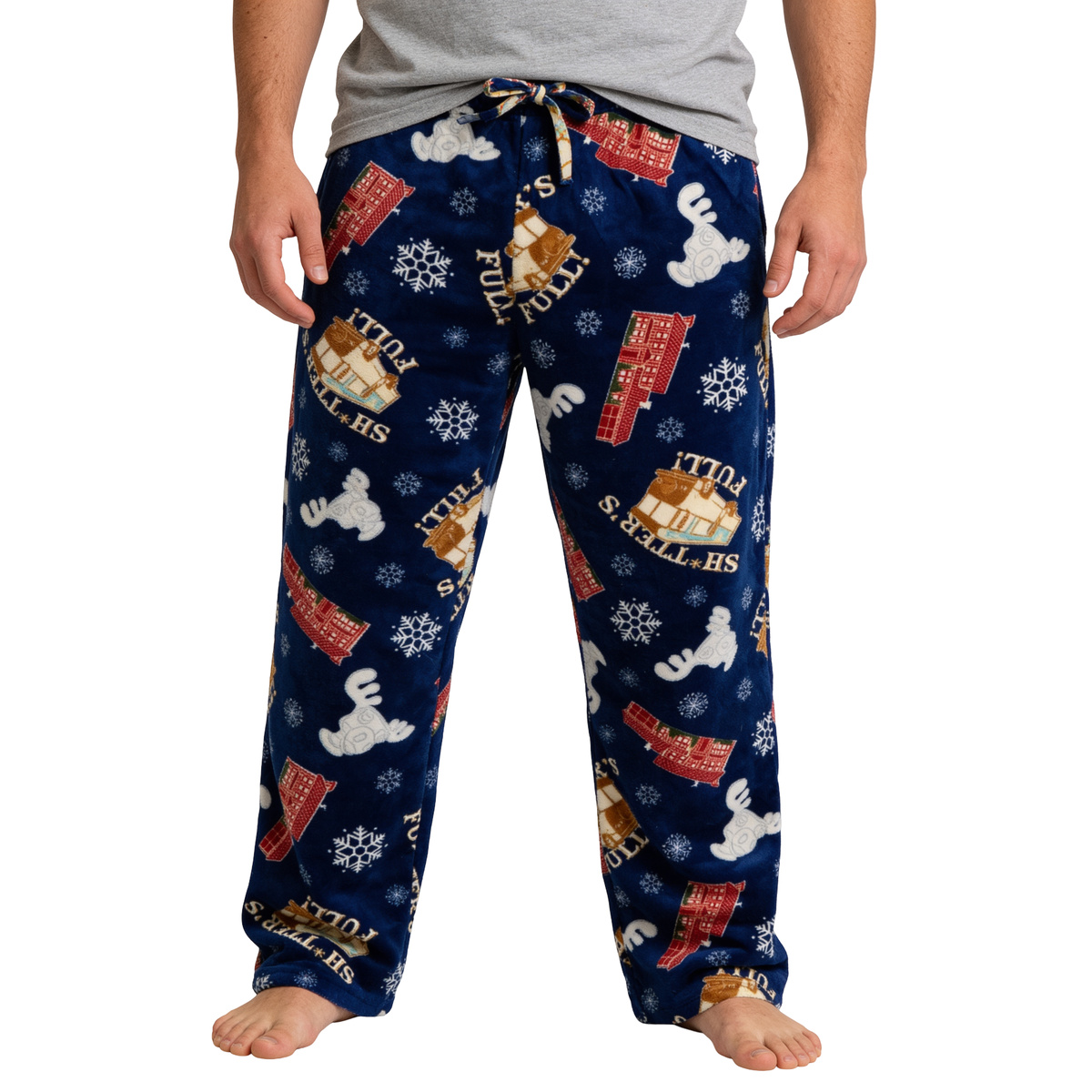 Navy Christmas Vacation Icons plush sleep pants with all-over movie icon print, front view