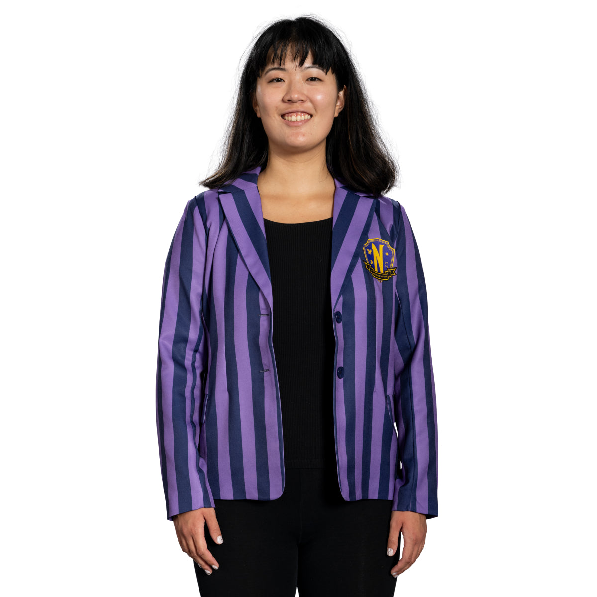 Wednesday Addams Purple Blazer Jacket with School Crest Halloween Costume Cosplay Open Blazer