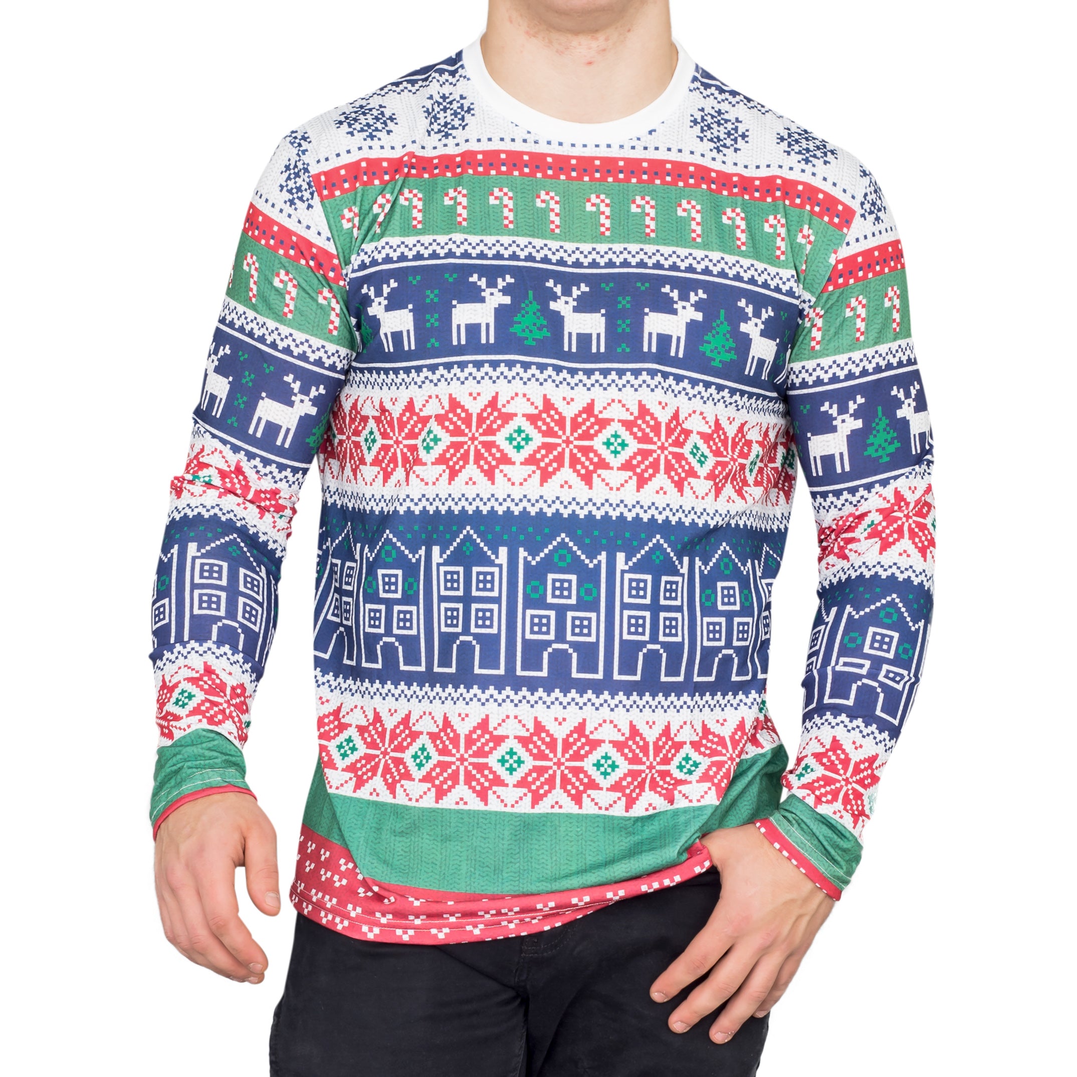 Winter Reindeer Houses All Over Ugly Christmas T-shirt