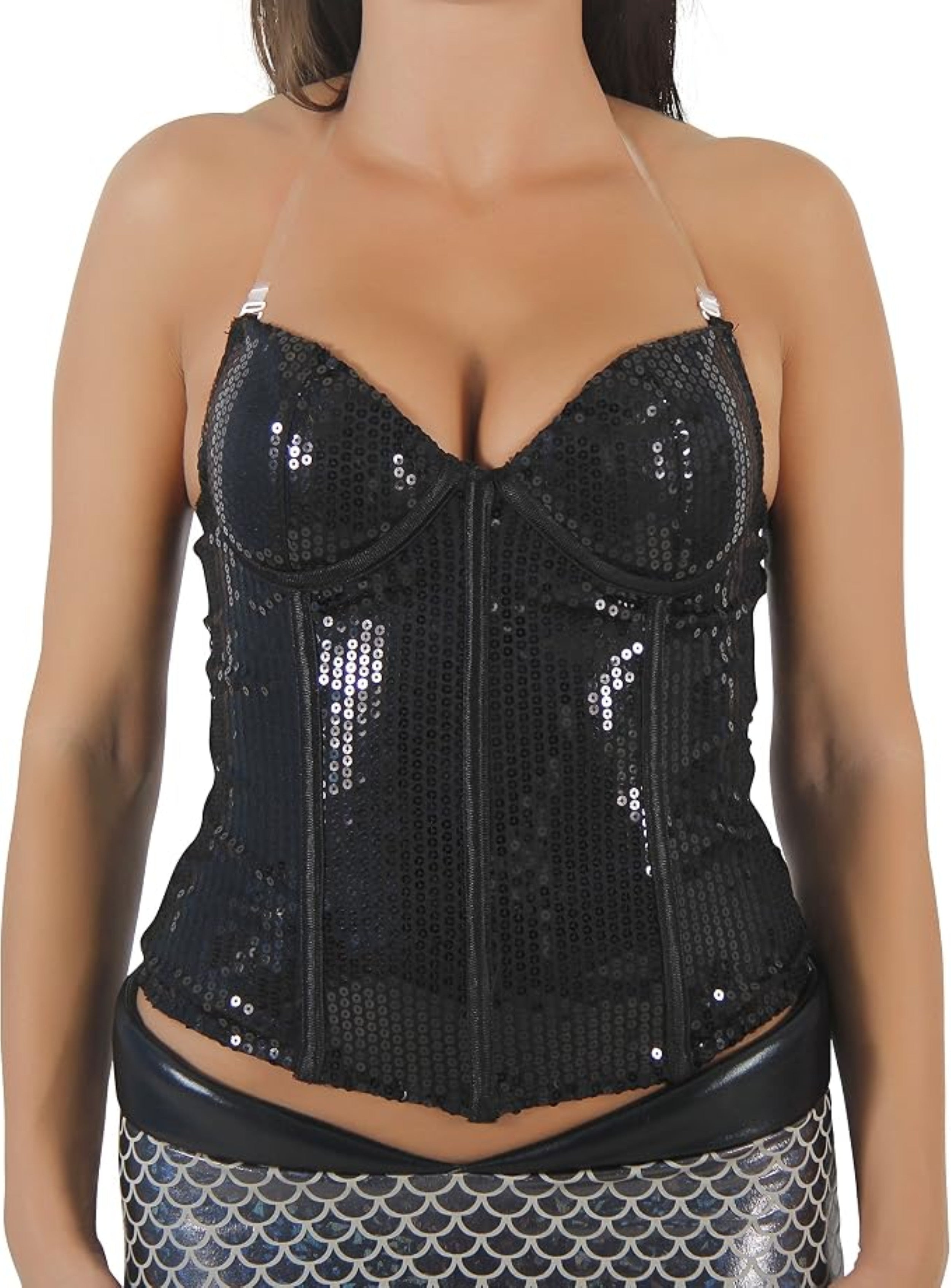 A black sequined corset-style camisole top with thin shoulder straps and a front zipper, shown on a model against a plain white background.