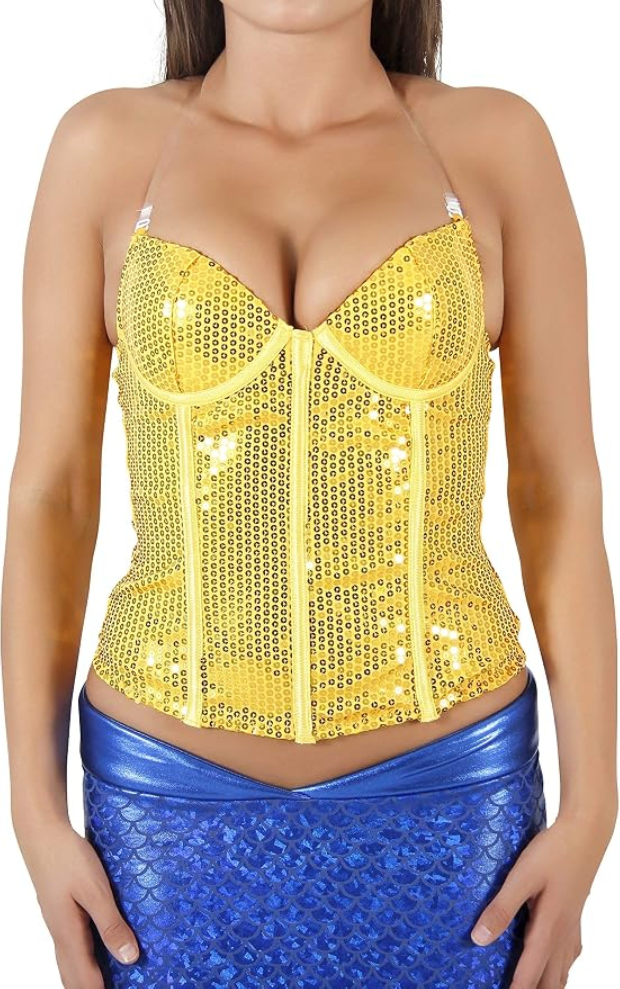 A woman wearing a yellow sequined halter-style corset top with a front zipper, paired with a blue sequined skirt, against a plain white background.