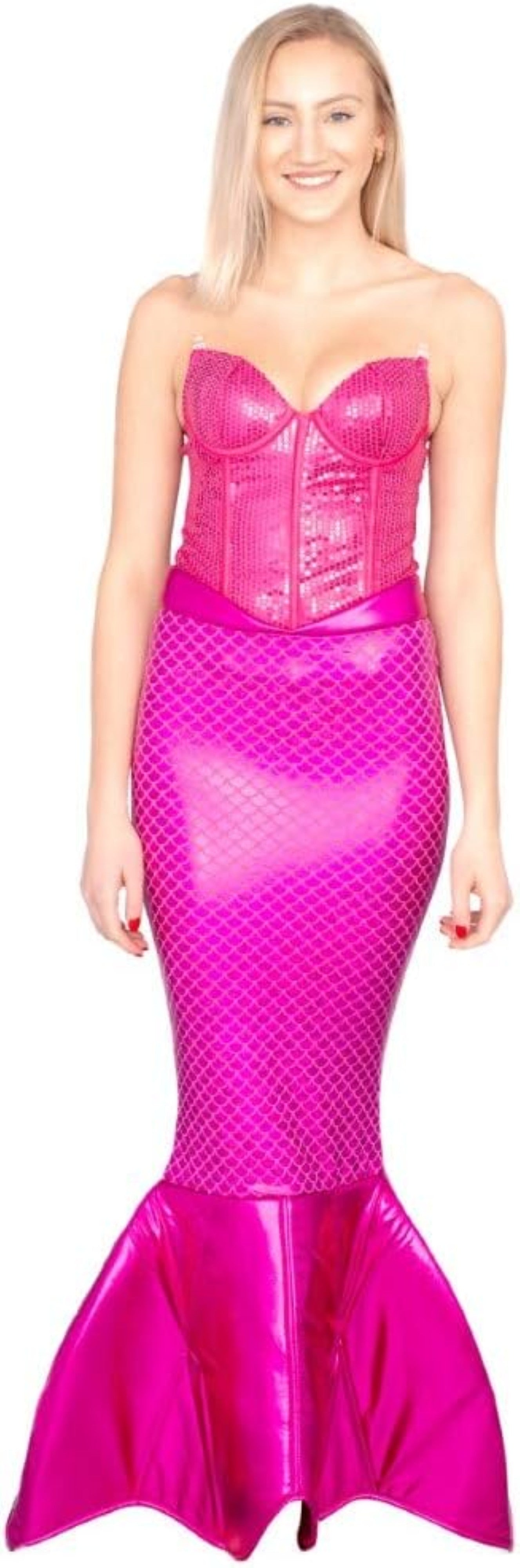 A woman modeling a bright pink mermaid costume with a shiny corset-style bustier top and a scaled finfish tail against a plain white background.