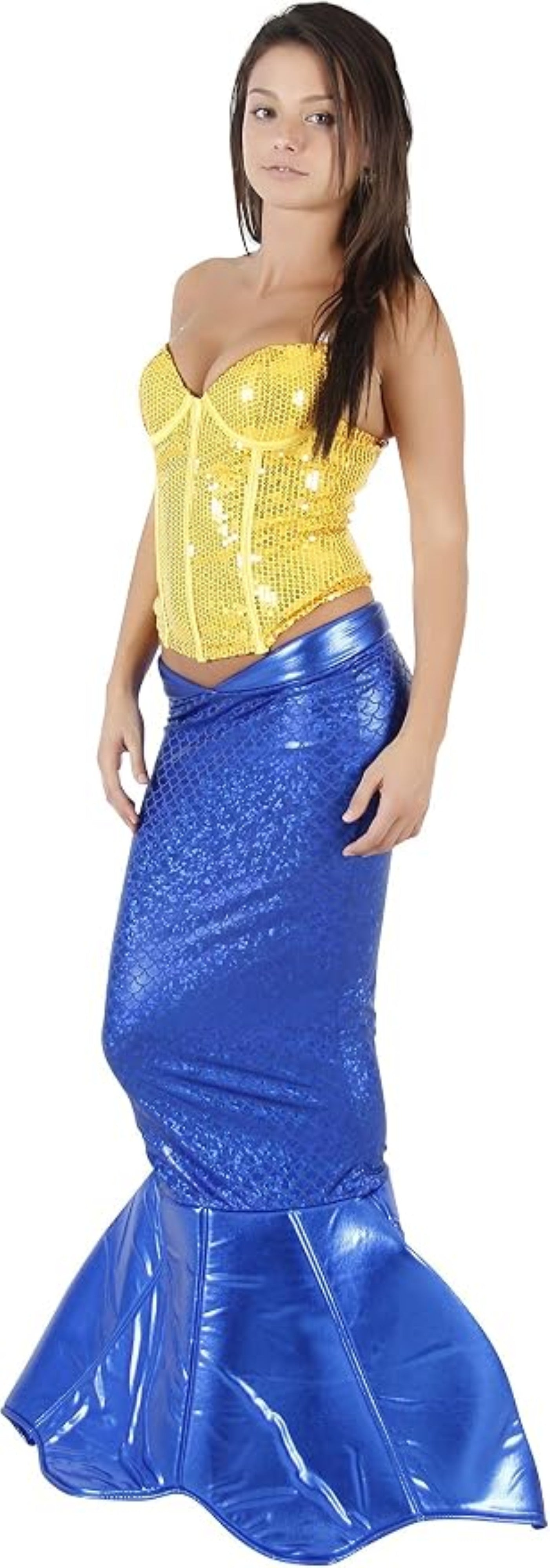 A woman modeling a two-piece mermaid costume consisting of a shiny yellow strapless corset top and a metallic blue mermaid tail skirt, set against a plain white background.