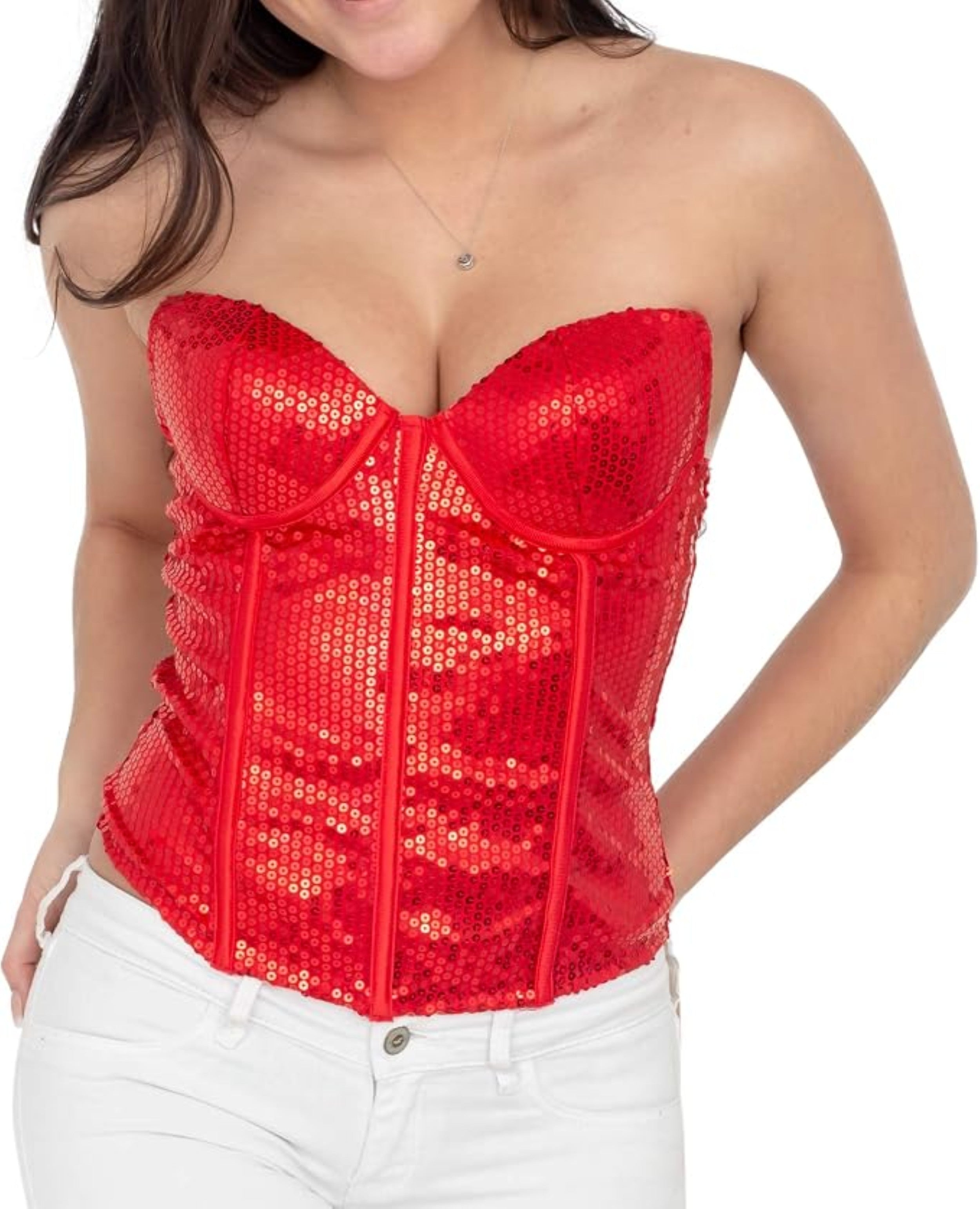 A red sequined strapless corset top worn by a model, paired with white jeans against a plain white background.
