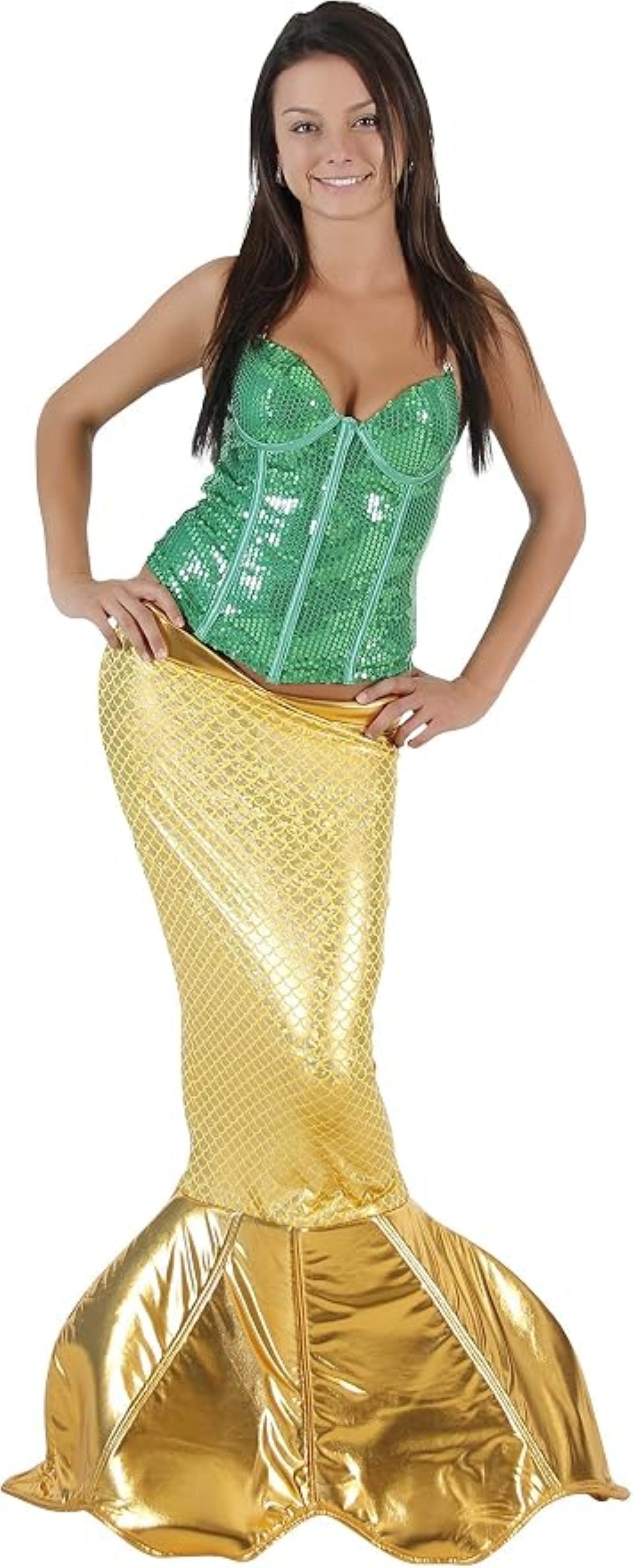 A woman modeling a mermaid costume with a green sequined corset top and a shiny gold mermaid tail, set against a plain white background.