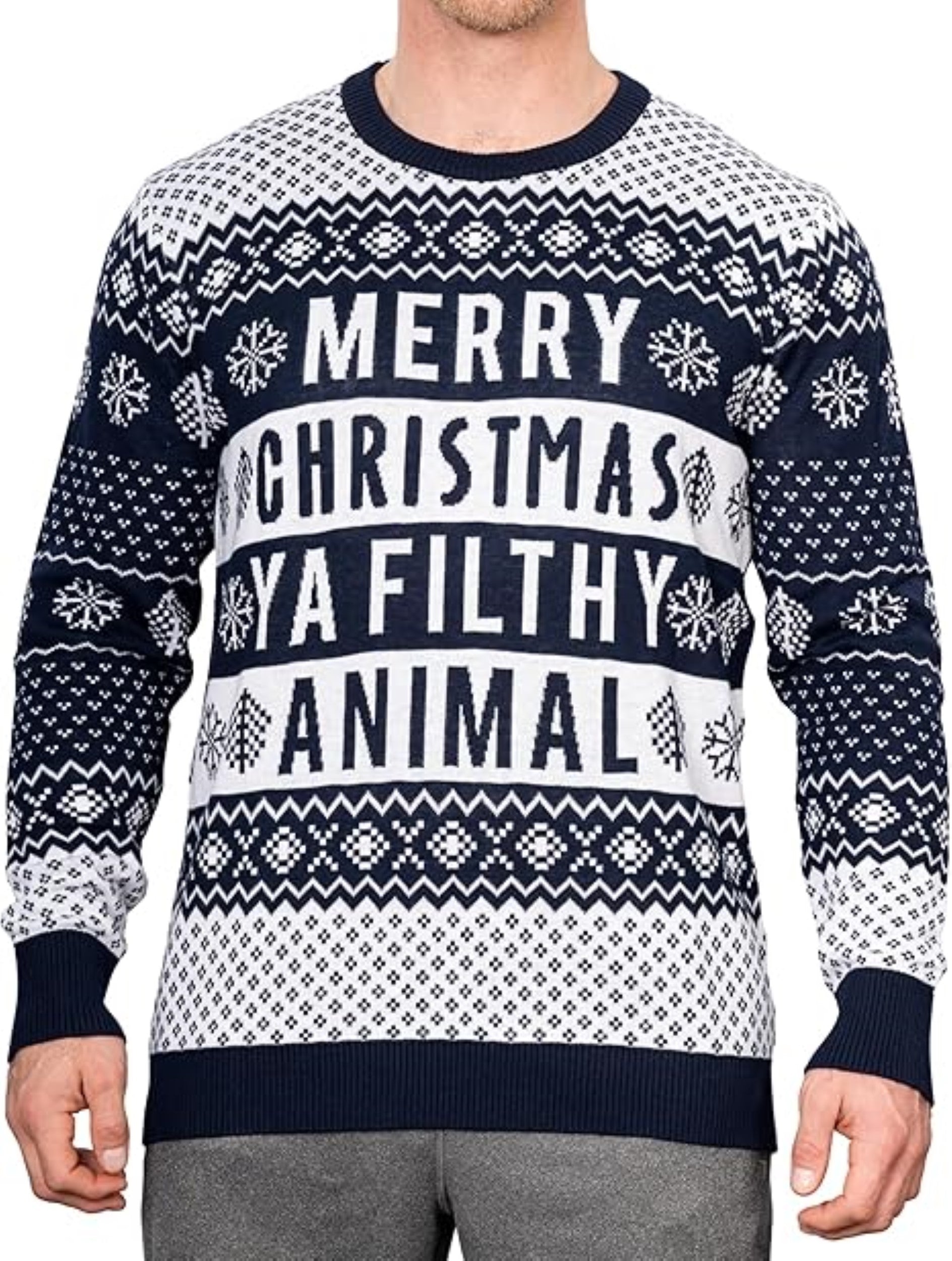 Ya Filthy Animal Quote Adult Unisex Ugly Christmas Sweater (Navy)