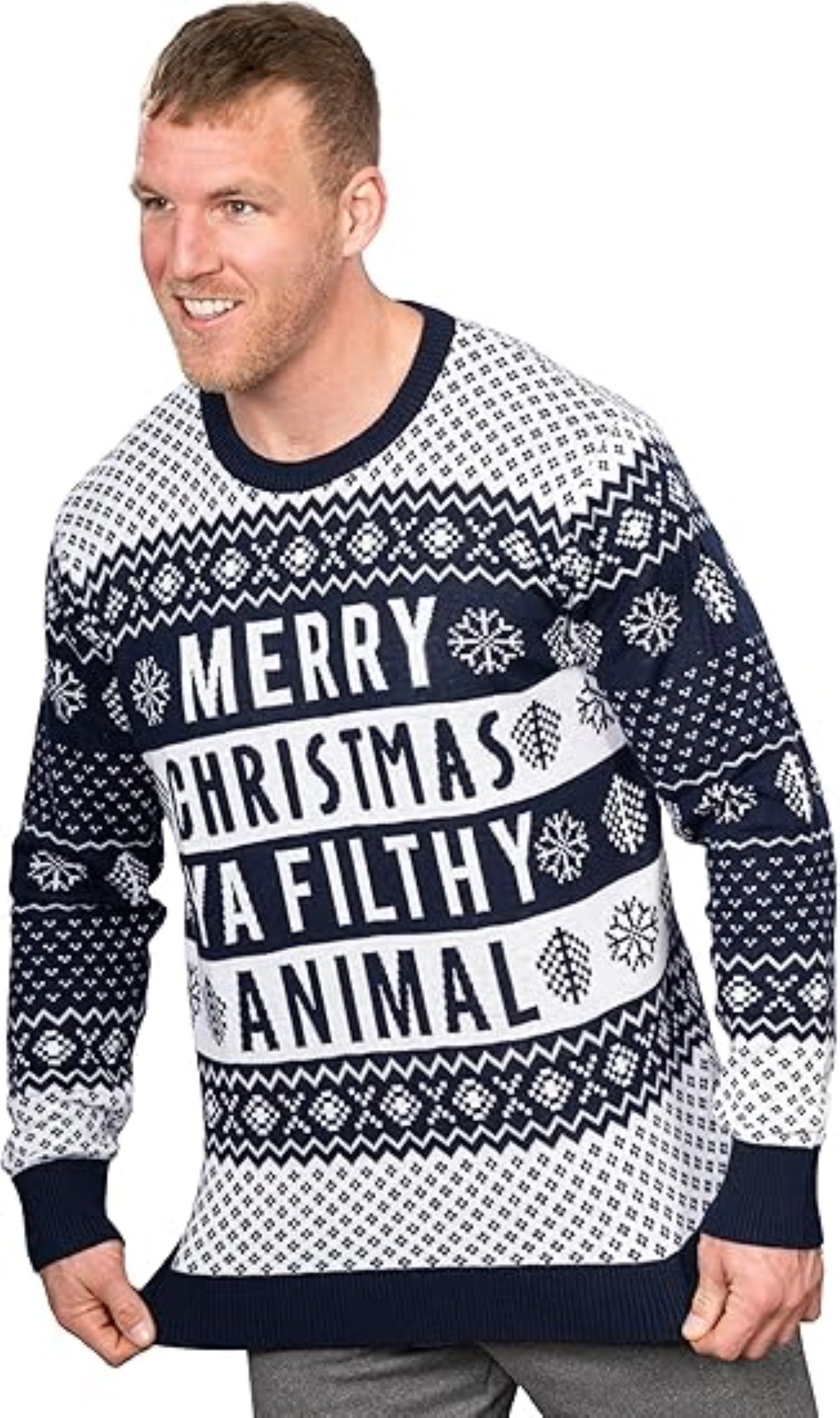 Ya Filthy Animal Quote Adult Unisex Ugly Christmas Sweater (Navy)