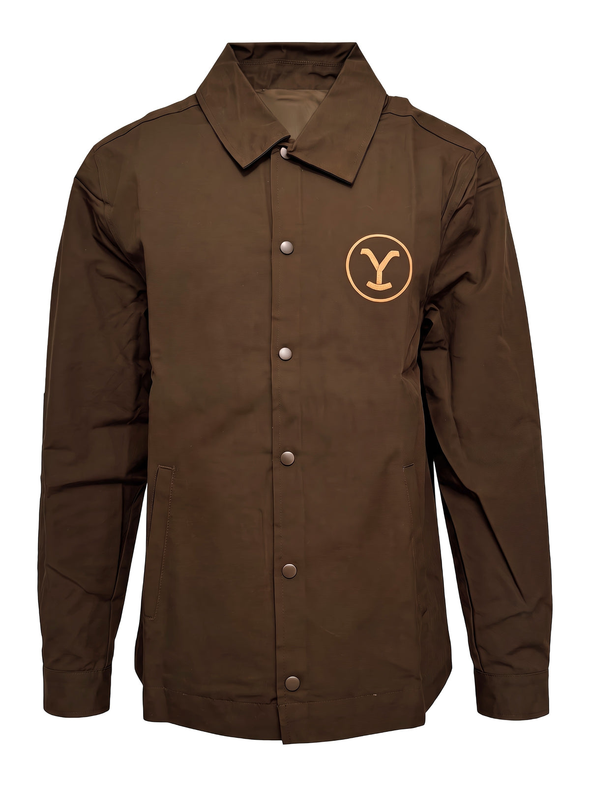 Brown Yellowstone Dutton Ranch men's button up work jacket, front view on white