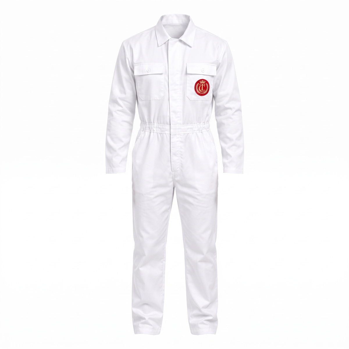 White Happy Gilmore caddy jumpsuit with red chest patch, product view on white background