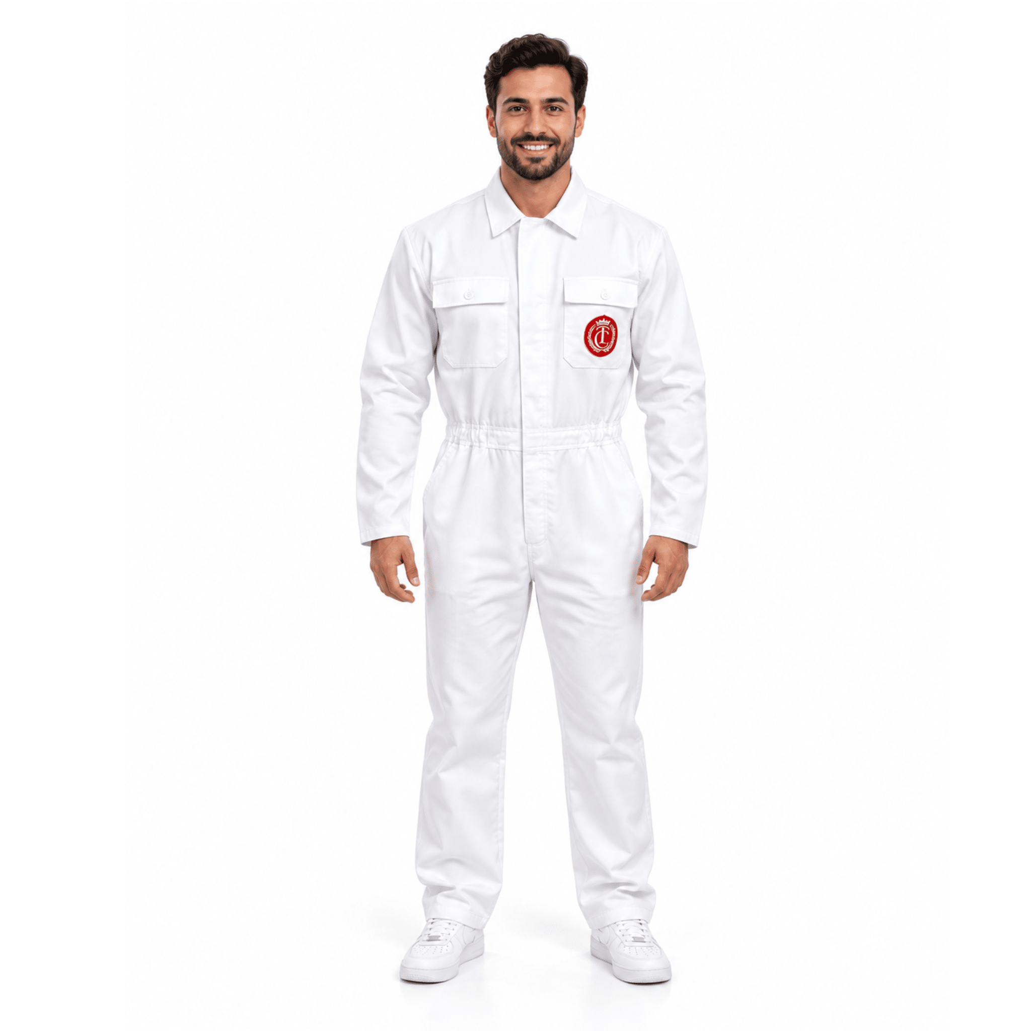Man in Happy Gilmore caddy costume, white jumpsuit with red crest patch, front view on white