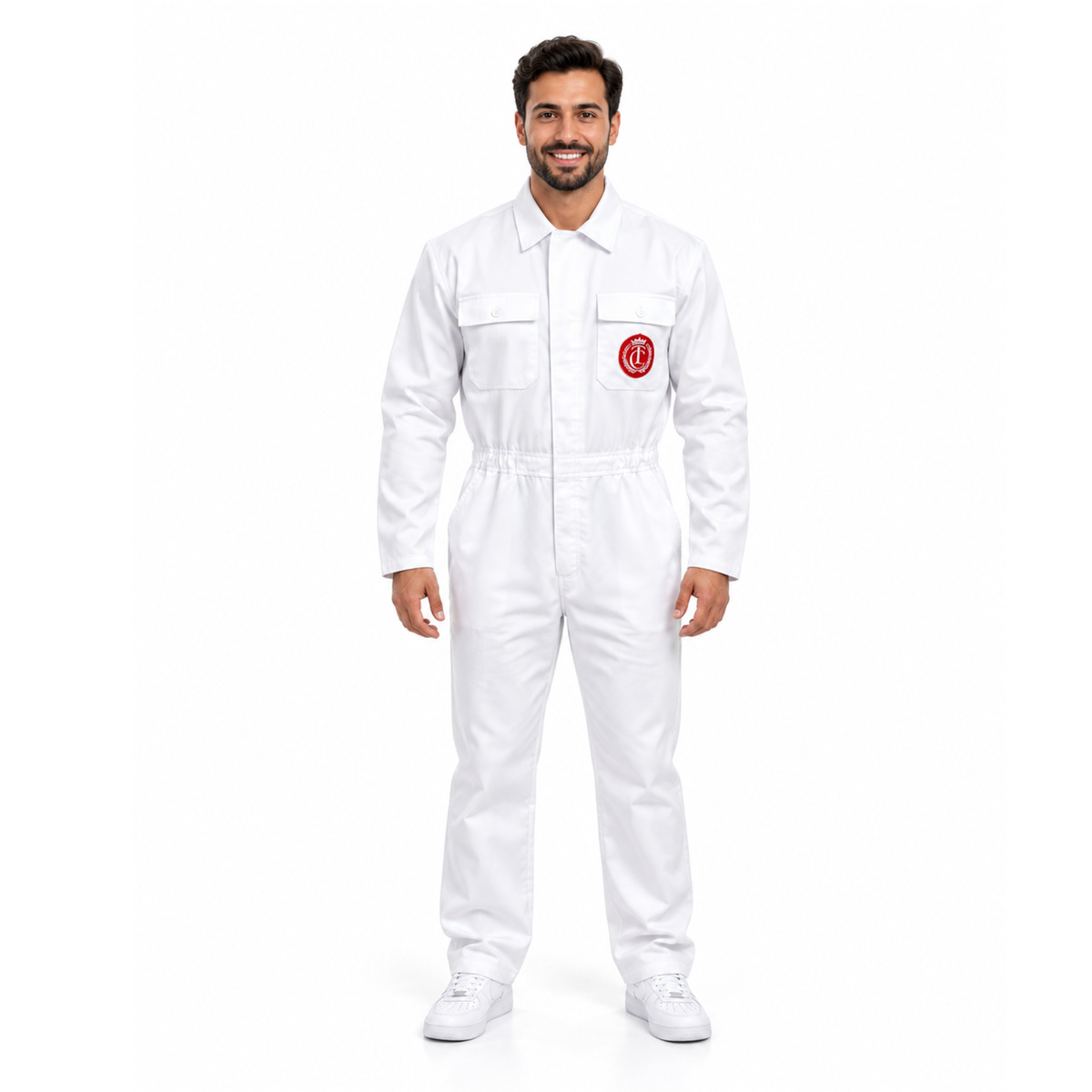 Man in Happy Gilmore caddy costume, white jumpsuit with red crest patch, front view on white