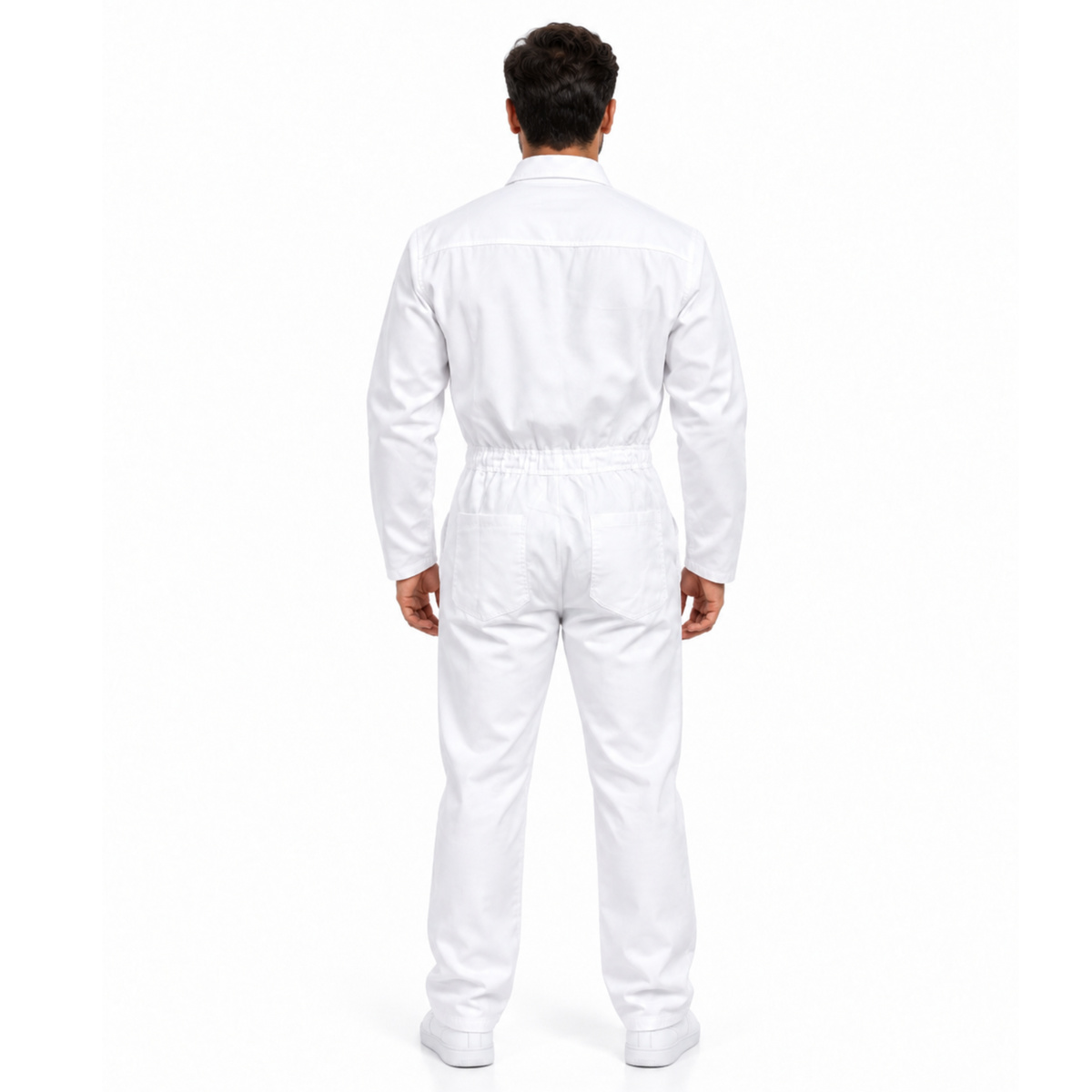Back view of man in white Happy Gilmore caddy jumpsuit on white background
