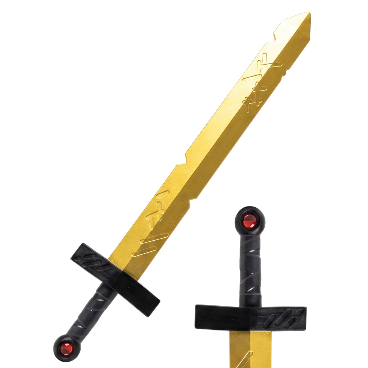 Adventure Time Finn prop sword in gold and black, blade and hilt detail views on white