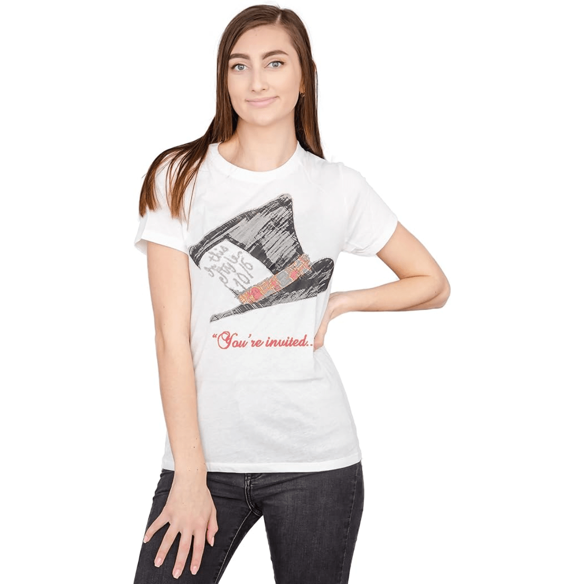Alice in Wonderland Mad Hatter Hat You're Invited Juniors White T-Shirt Tee - TVStoreOnline