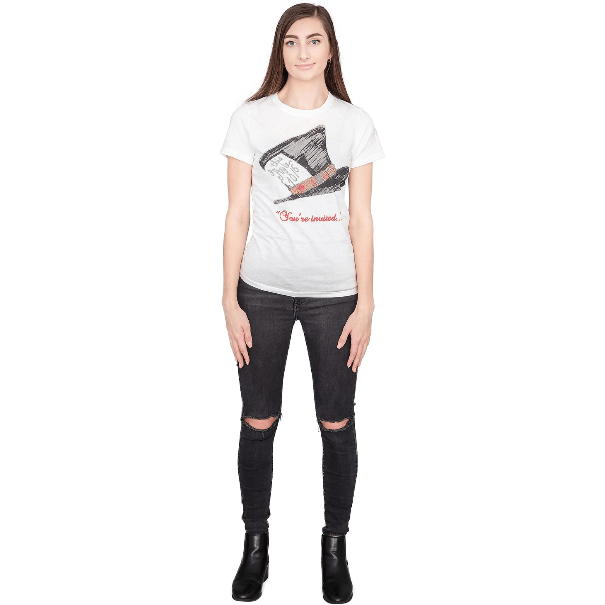 Alice in Wonderland Mad Hatter Hat You're Invited Juniors White T-Shirt Tee - TVStoreOnline