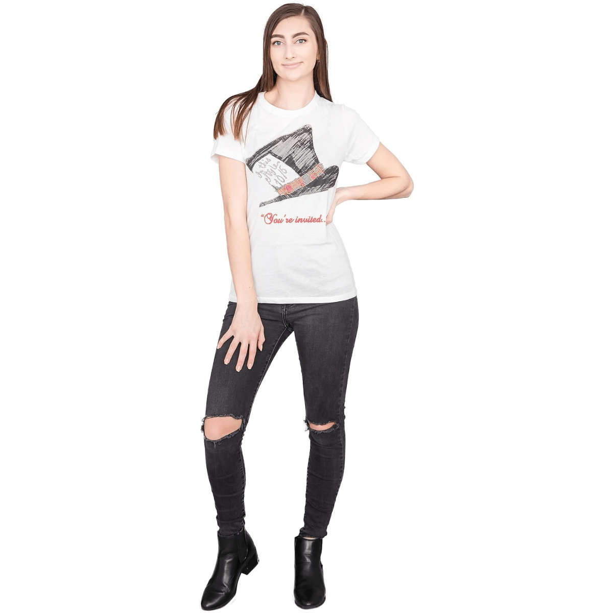 Alice in Wonderland Mad Hatter Hat You're Invited Juniors White T-Shirt Tee - TVStoreOnline