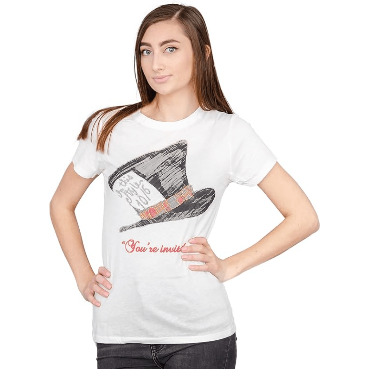 Alice in Wonderland Mad Hatter Hat You're Invited Juniors White T-Shirt Tee - TVStoreOnline
