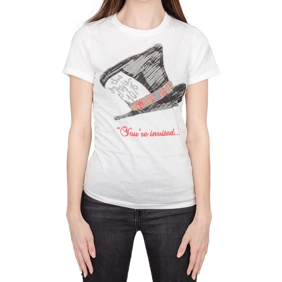 Alice in Wonderland Mad Hatter Hat You're Invited Juniors White T-Shirt Tee - TVStoreOnline