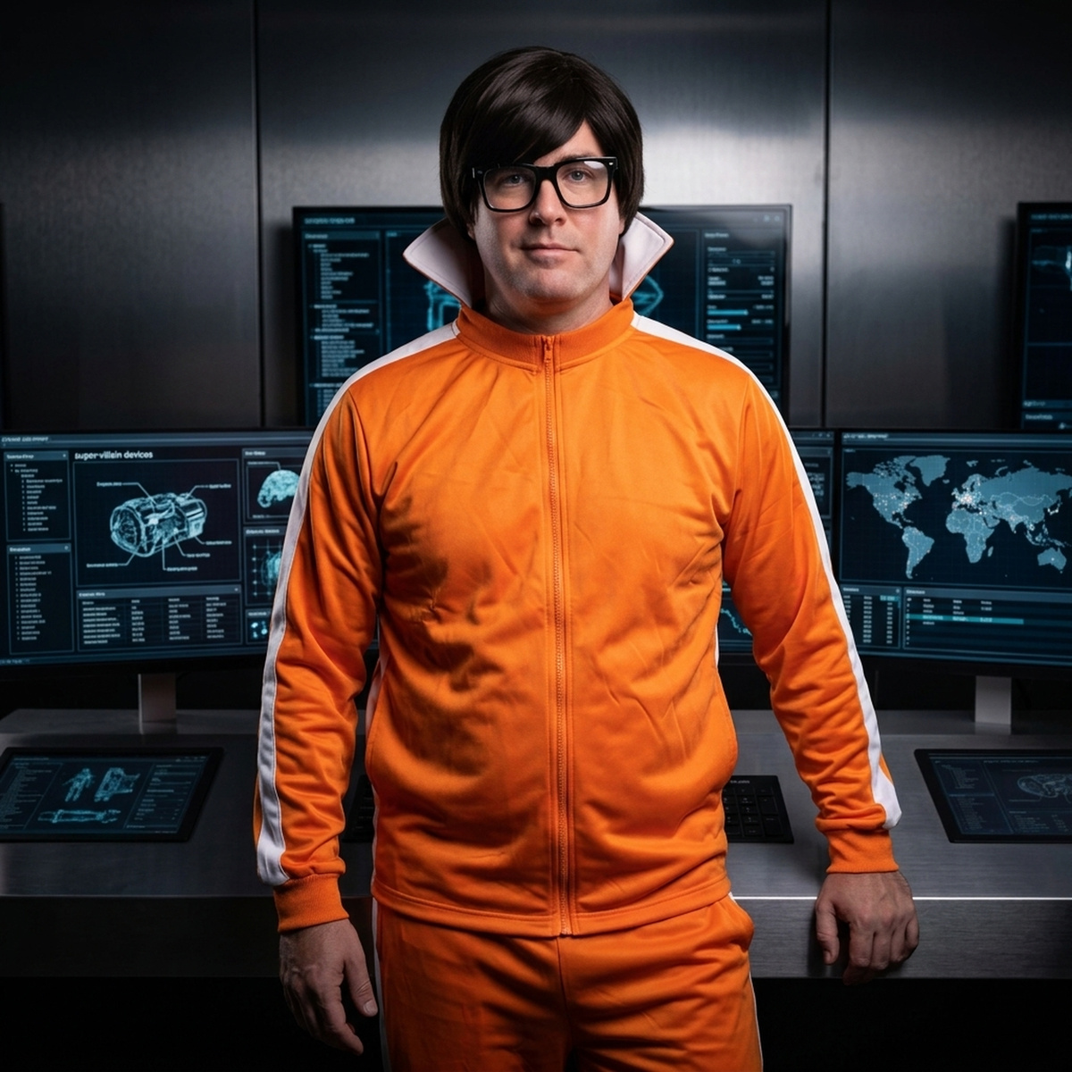 Man in orange Vector Man costume standing in front of computer screens in a villain lair