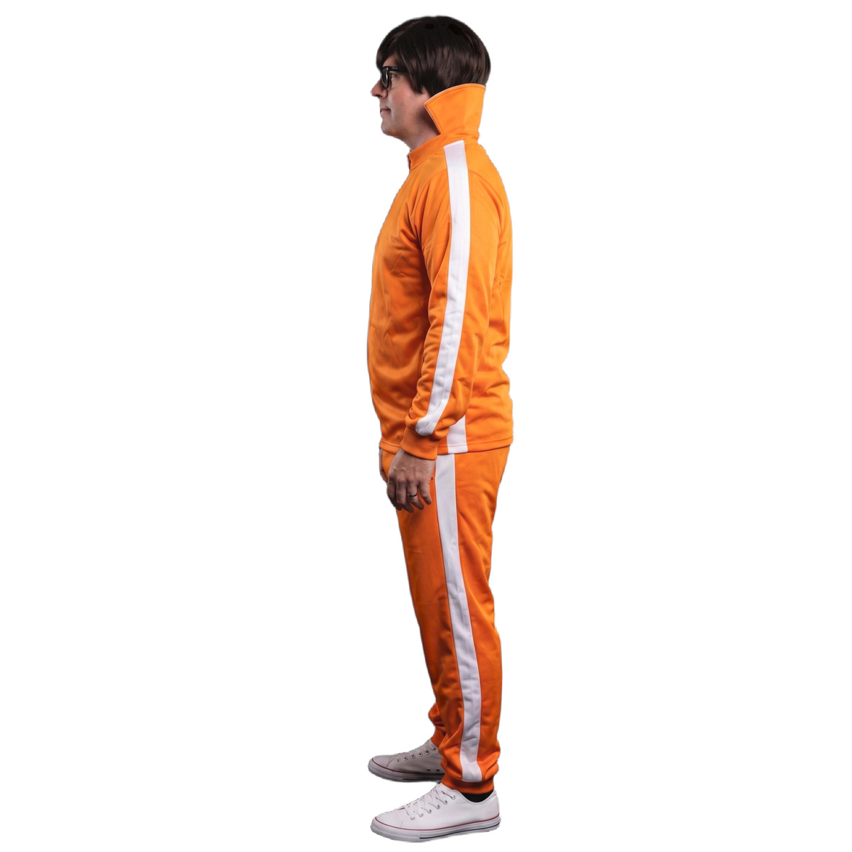 Side view of Vector Man orange track suit costume showing white sleeve and leg stripes