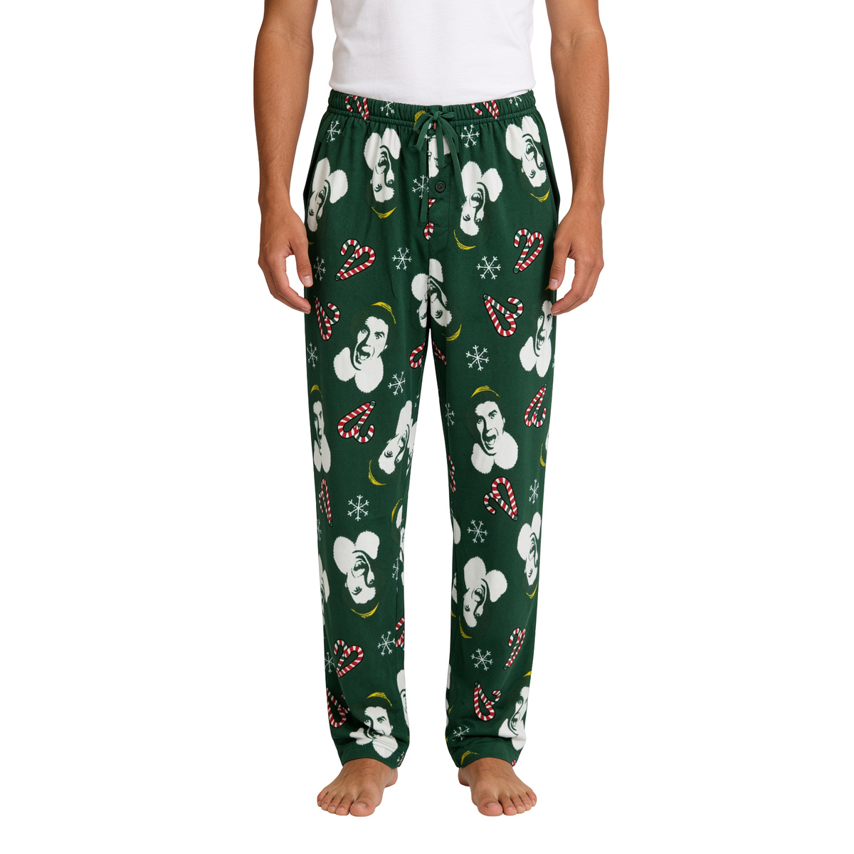 Green Buddy the Elf Christmas Cheer lounge pants with candy cane print, front view on white