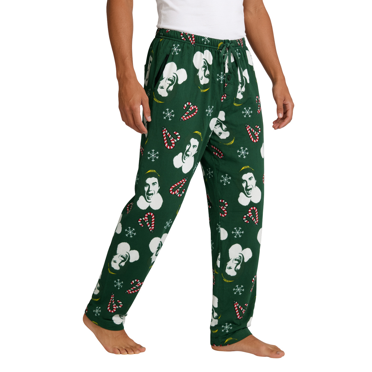 Three-quarter view of the Buddy the Elf lounge pants worn barefoot mid-step