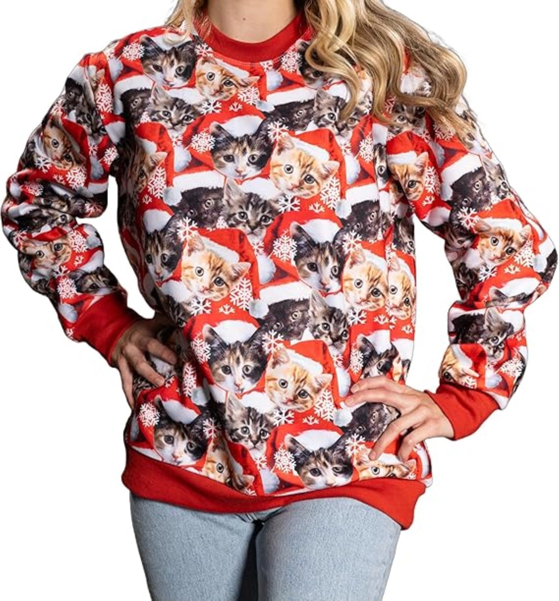 Christmas Cats All-Over Poly-Knit Adult Unisex Ugly Christmas Sweatshirt - TVStoreOnline