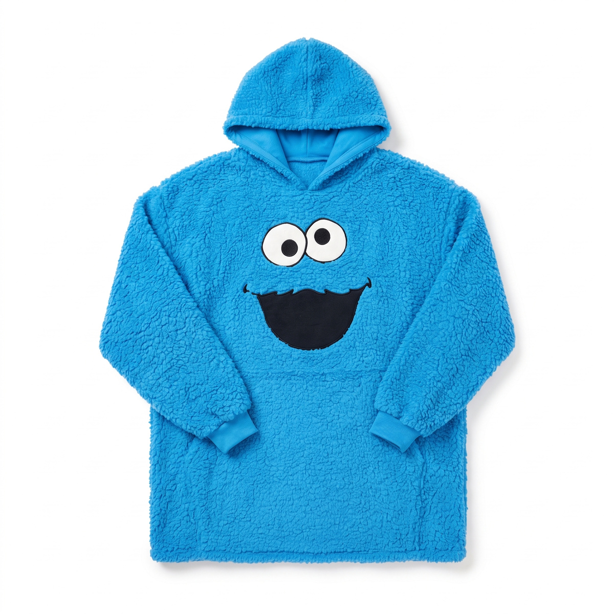 Blue Cookie Monster fleece hooded poncho with big eyes and mouth face, front view on white