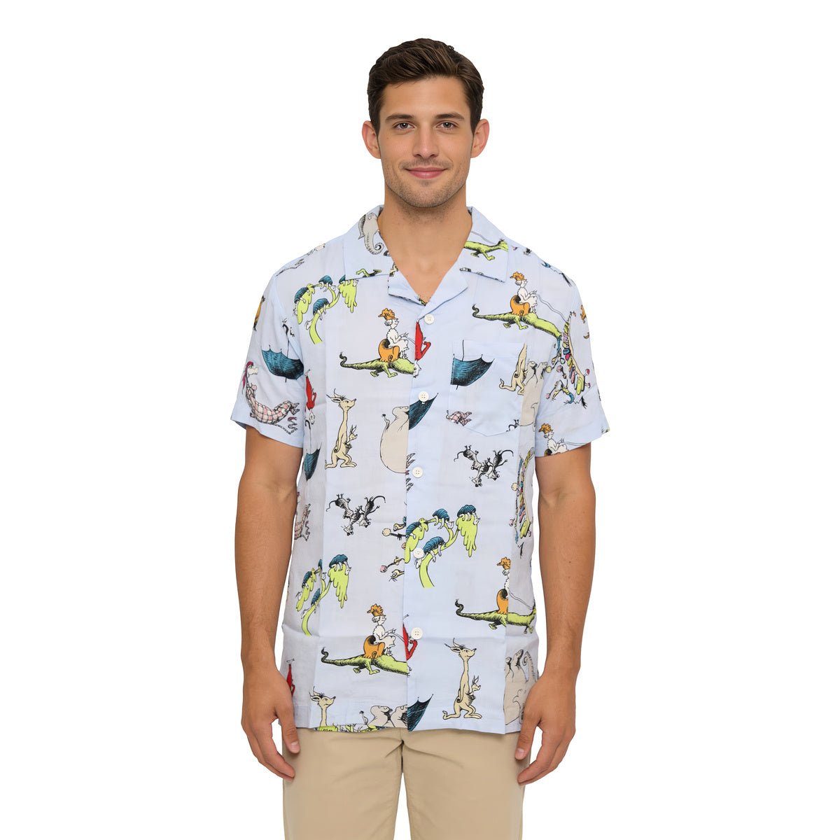 Dr. Seuss Characters All Over Print Men's Rayon Button Up Shirt Light Blue - TVStoreOnline