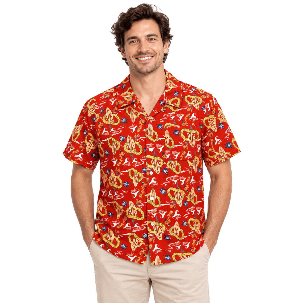 Smiling man in the red Dr. Gonzo Hawaiian shirt and khakis on a white background