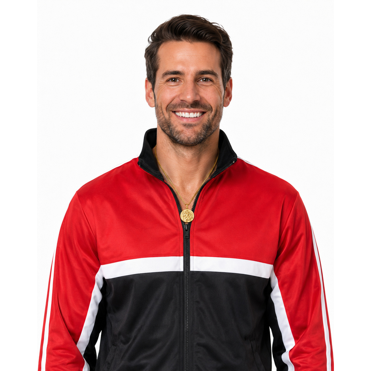 Close-up of smiling man in red and black Moly track jacket with white stripe and gold medallion