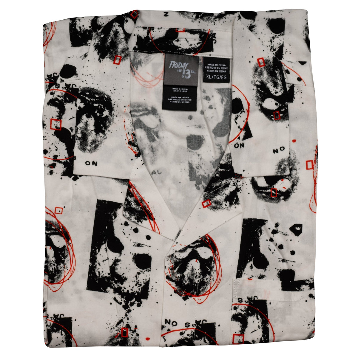 Friday The 13th Jason Rayon Button up Shirt SS Mask Scribble White - TVStoreOnline