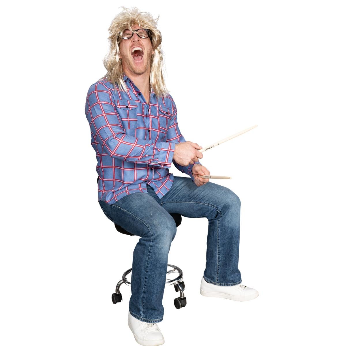 Garth Funny Tv Show Character Cosplay Button Down Flannel Shirt Wig and Drumstick Halloween Costume Set - TVStoreOnline