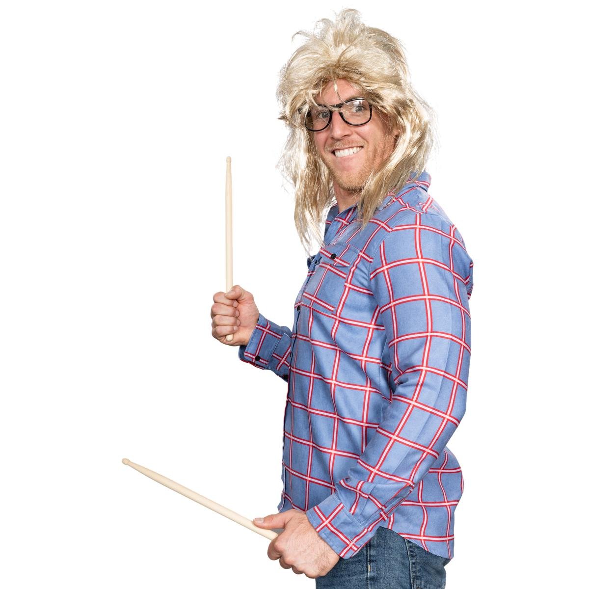 Garth Funny Tv Show Character Cosplay Button Down Flannel Shirt Wig and Drumstick Halloween Costume Set - TVStoreOnline