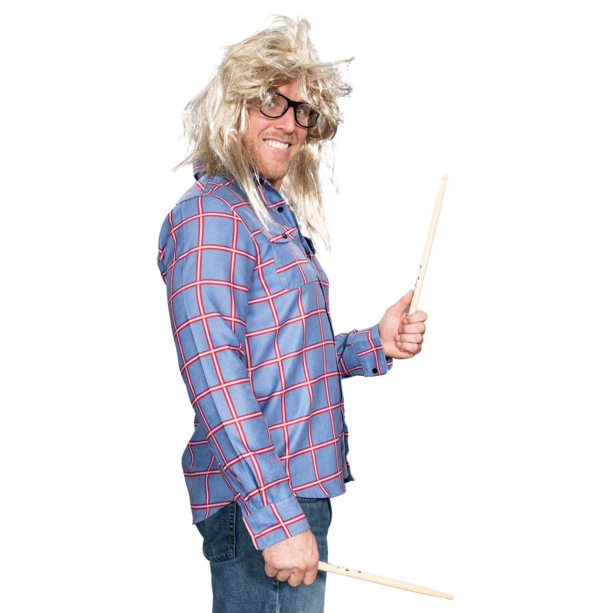 Garth Funny Tv Show Character Cosplay Button Down Flannel Shirt Wig and Drumstick Halloween Costume Set - TVStoreOnline