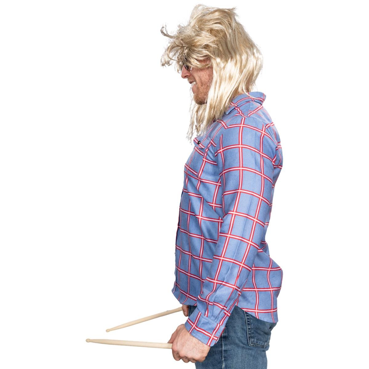 Garth Funny Tv Show Character Cosplay Button Down Flannel Shirt Wig and Drumstick Halloween Costume Set - TVStoreOnline